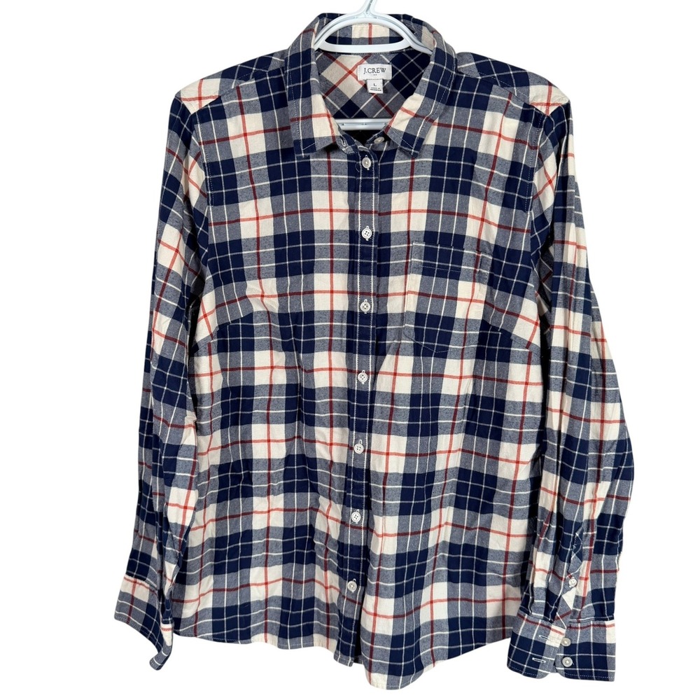 J.Crew Flannel Shirt Top Button Up Women L Navy Blue Plaid Cotton Long Sleeve